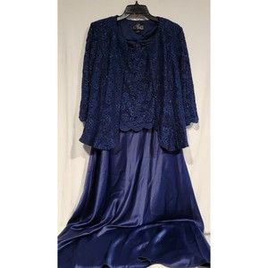 Alex Evenings Long Glitter Lace Satin Dress, Size 16 Sleeveless, Navy Blue